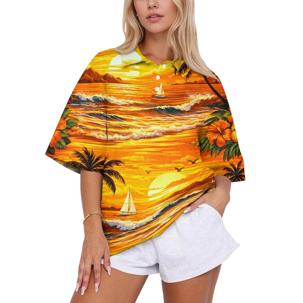 Women Loose Fit Polo Collar Shirt Casual Short Sleeve Top Soft Fabric Printed Blouse Relaxed Fit for Daily Wear Office School Travel