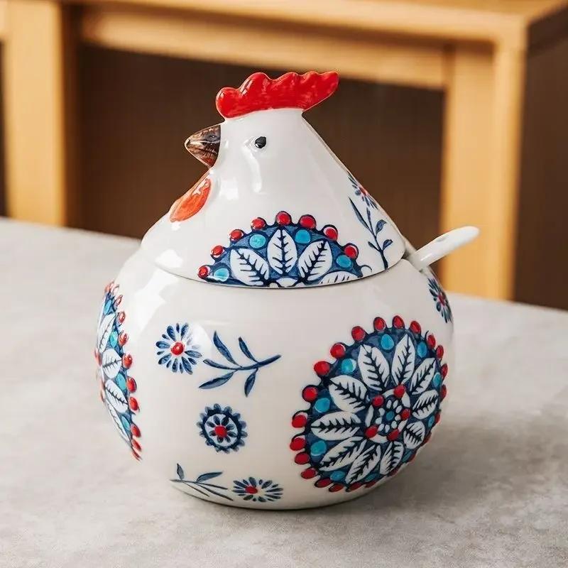 Ceramic Seasoning Pot Rooster Style Kitchen Household High-end Moistureproof Seasoning Salt Box Spicy Pot with Lid with Spoon
