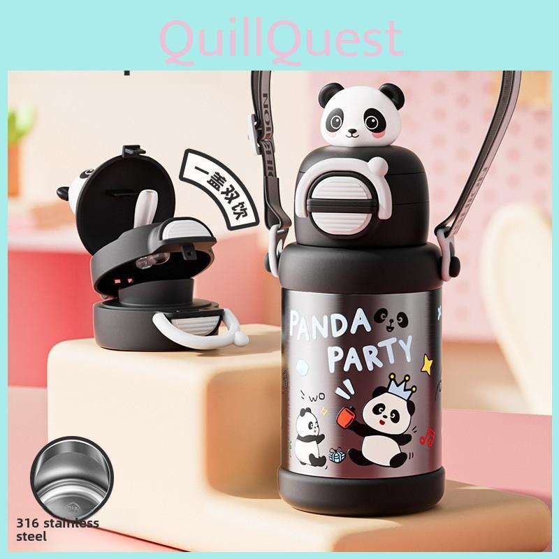Cartoon Pattern Cat Children Vacuum Flask With Carry Strap For School And Travel