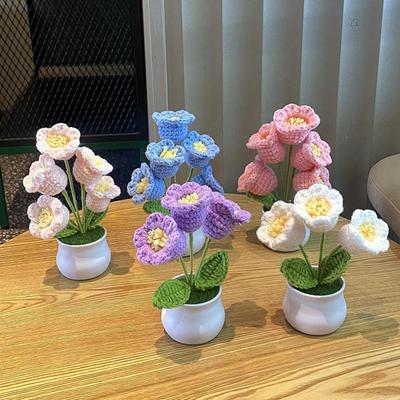 Hand Crocheted Potted Flower Handmade Crochet Sunflower Lily of The Valley Tulip Potted Faux Flowers for Home Office Tabletop Decoration