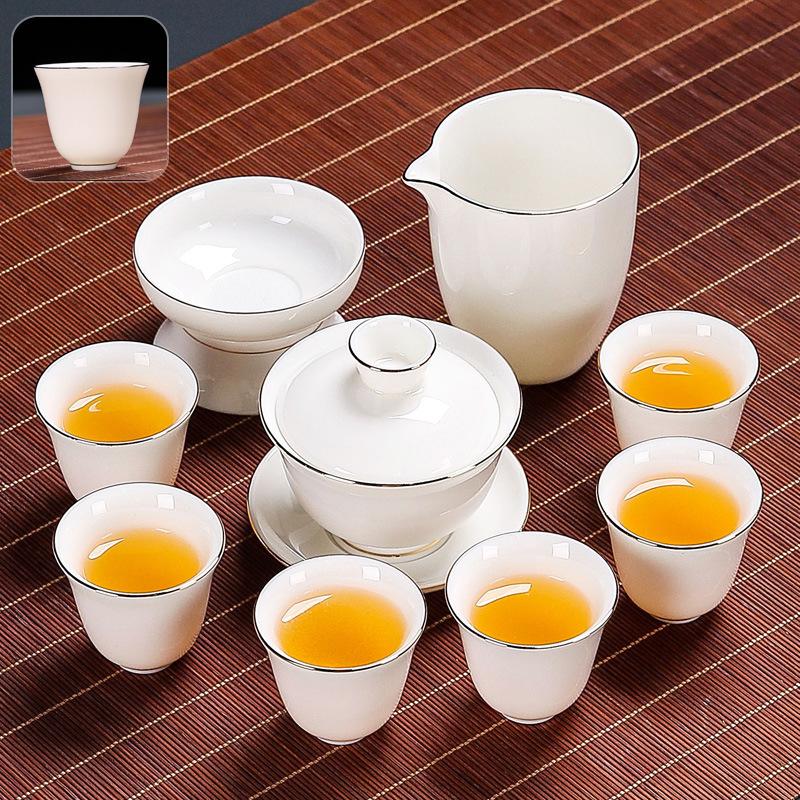 Suet Jade Kung Fu Tea Set Home Living Room Office Light Luxury Tea High-end Gift Box Cover Bowl Teacup Complete Set