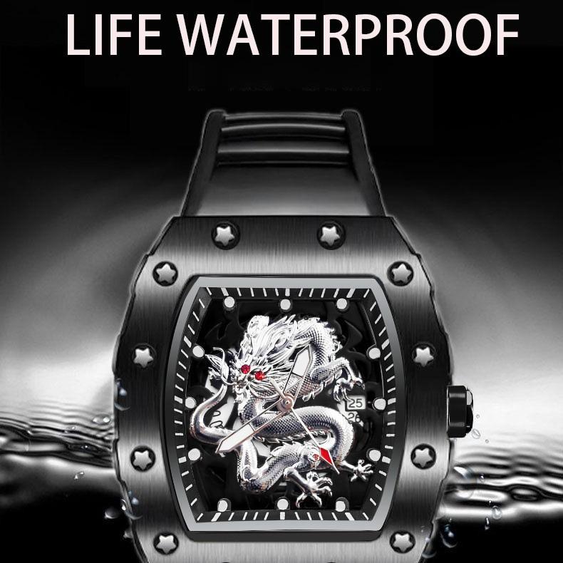 Domineering High-Value Fashion Trend Luminous Waterproof Wine Barrel-Shaped Men'S Watch Silver Dragon