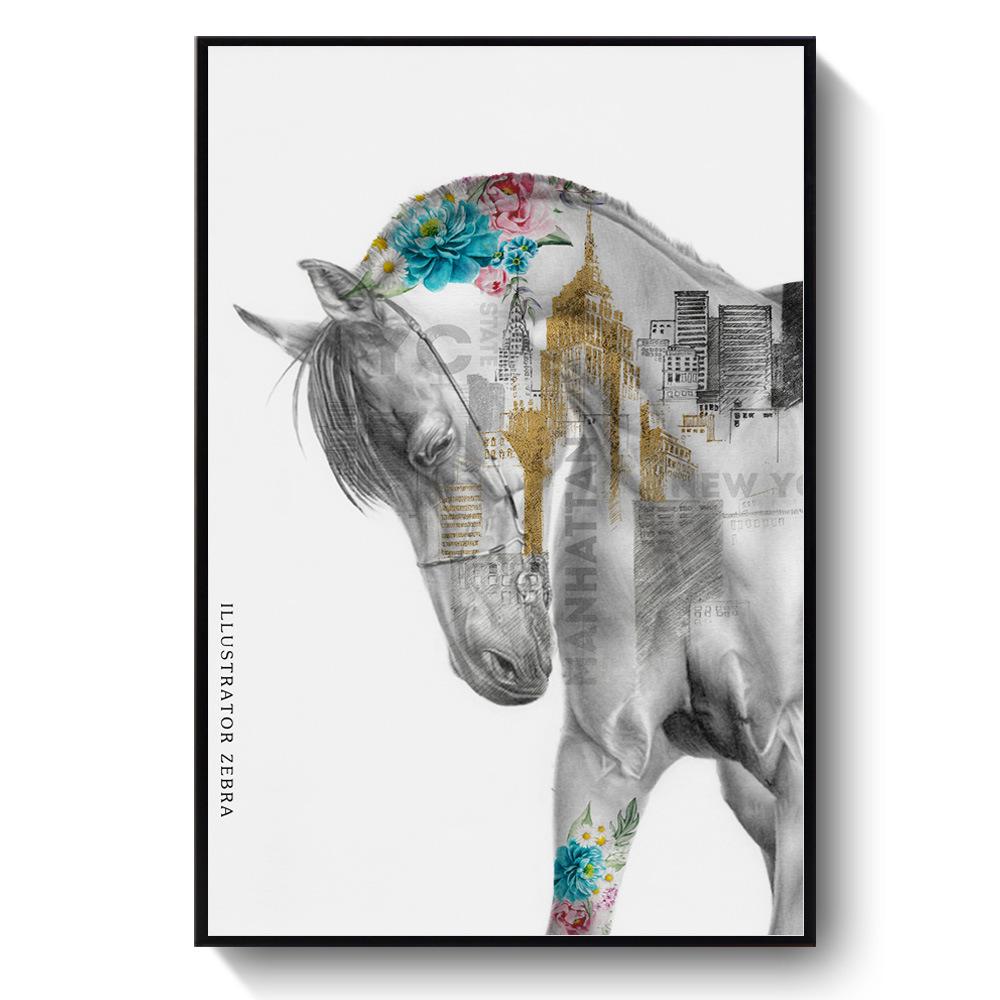 Living Room Decoration Painting Horse Sofa Background Secret Nordic Hanging Canvas Art Painting Black and White Horse Animal