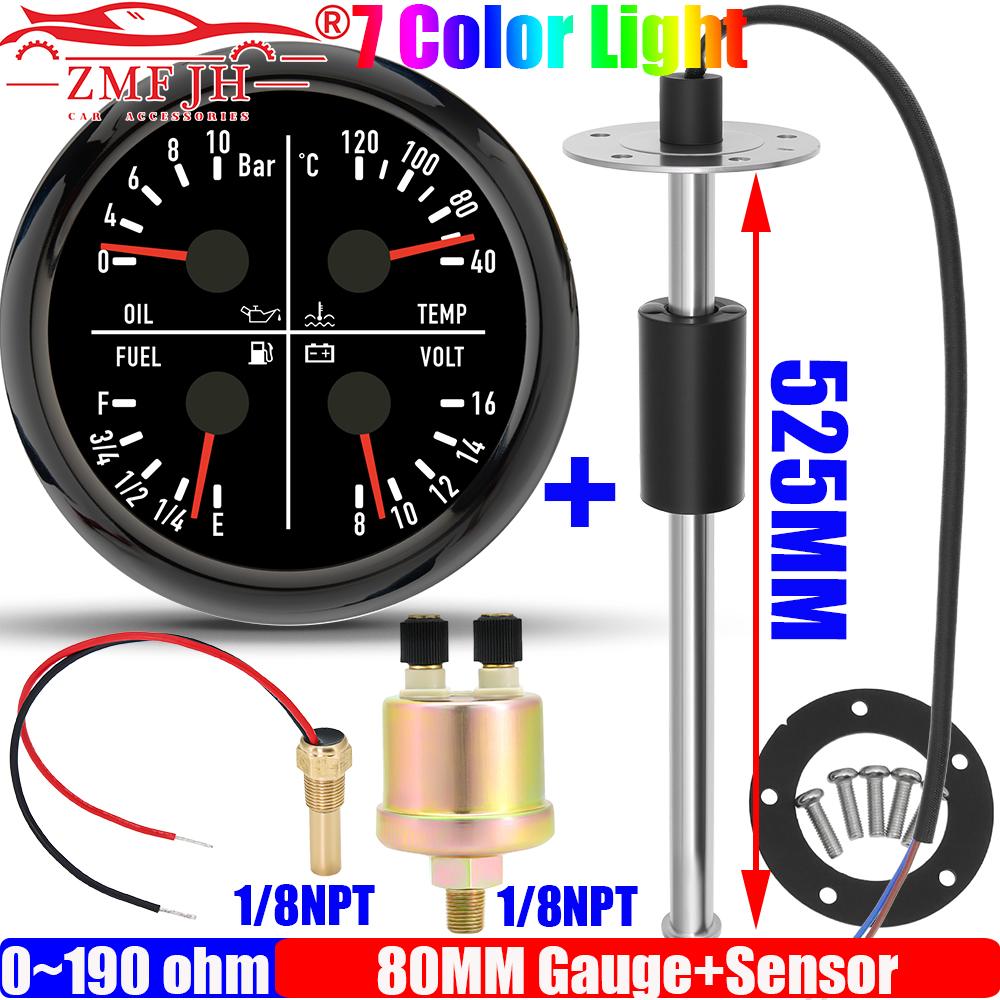 ZMFJH 100-550MM Fuel Level Sensor 0-190ohm 80MM Oil Pressure+Water Temp+Fuel Level+Voltage 7 Color LED for Marine Boat Yacht Car