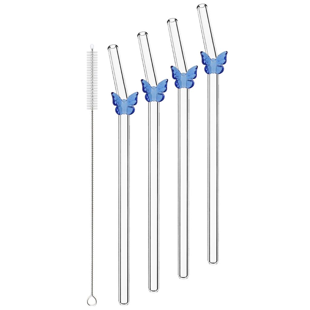 4pcs Butterfly Glass Straw with Brush 200*8mm Reusable Drinking Straw Set Milkshakes Cocktail Coffee Straws Home Bar Accessories