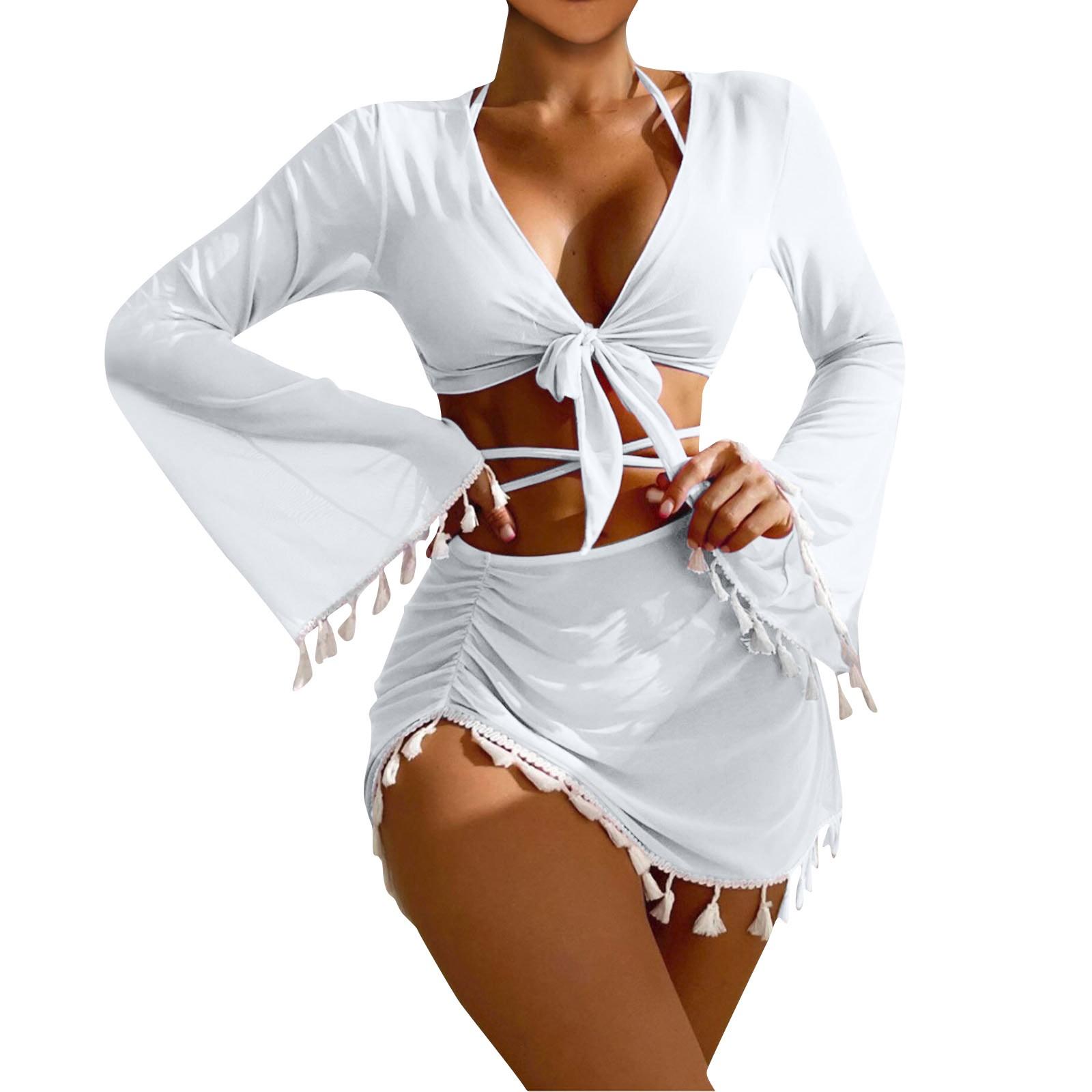

Сексуальні 4 предмети бікіні халтер жіночий однотонний купальник жіночий прикриття купальник з довгим рукавом та спідницею купальний костюм пляжний одяг літо XL білий