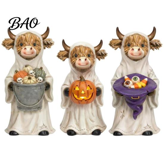 Spooky Desktop Figurine 3Pcs Halloween Ghost Highland Cow Figurines, Resin Yak Statues with Pumpkin, Farmhouse Seasonal Home Decoration Tabletop