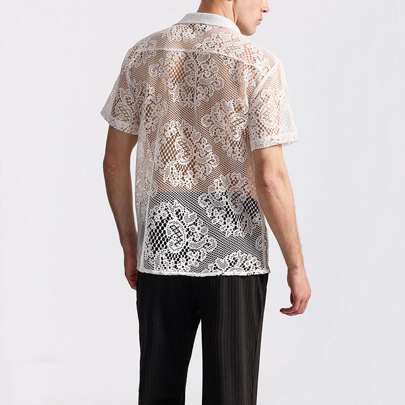 Summer Men's Mesh Lace Knit Short Sleeve Shirt Streetwear Hollow-Out Dance Perspective Shirts Nightclub Disco Performance Tops