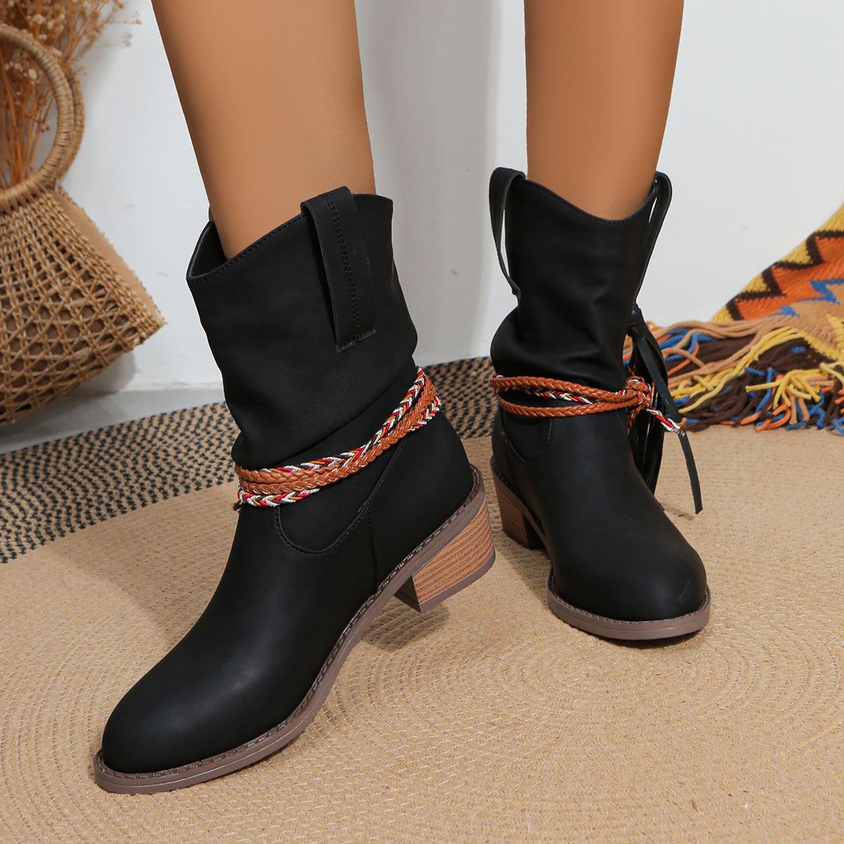 

Retro Tassel Cowboy Boot Flat Heel Women Ankle Boots Pointed Toe Slip Chunky Punk Fashion Short Boots Botas De Mujer 43