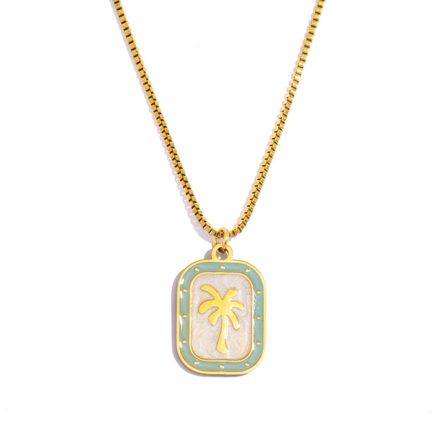 

Тропическое кокосовое дерево кулон ожерелье для женщин - Холодная эмаль на нержавеющей стали с покрытием из 18-каратного золота, гипоаллергенные пляжные украшения зелёный