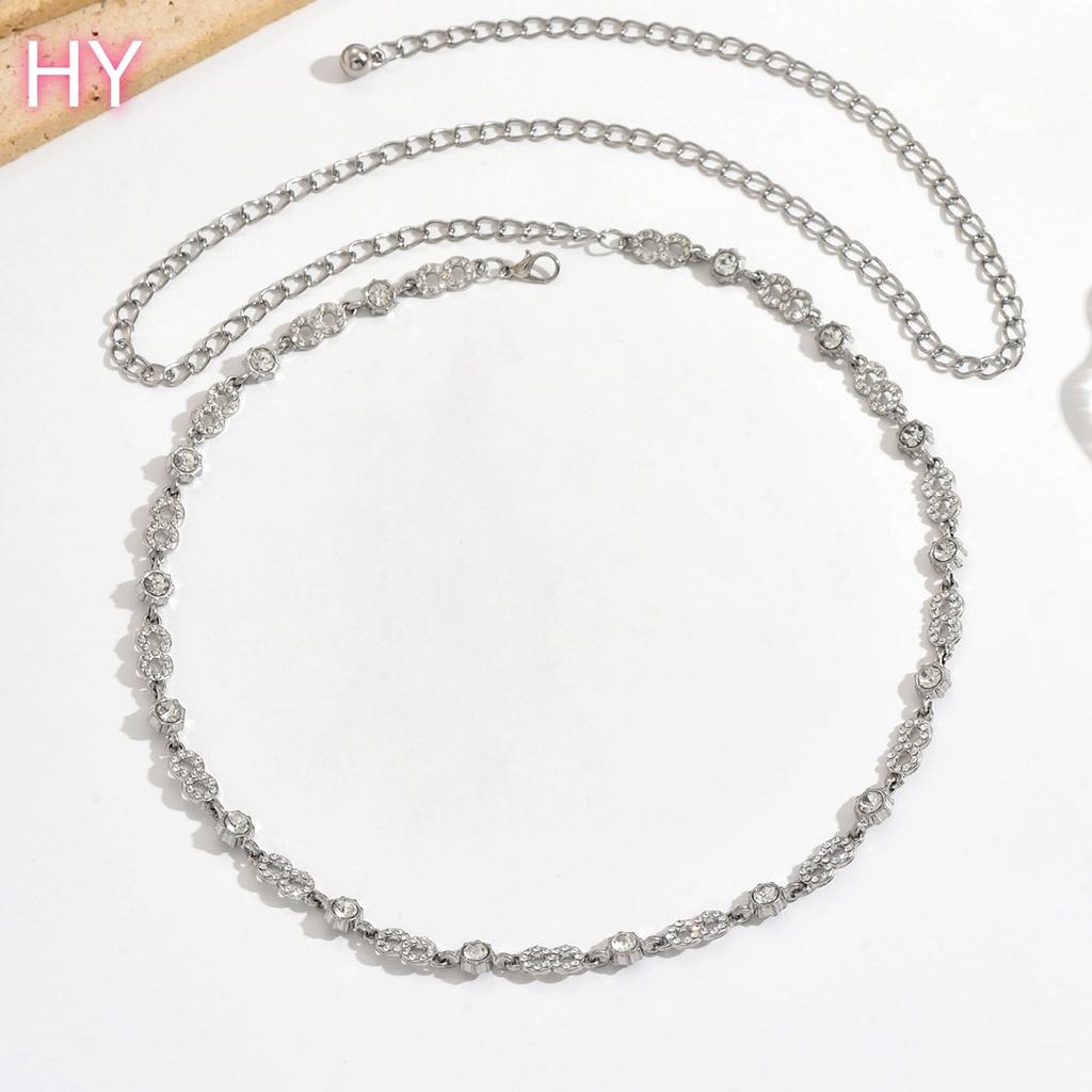 HY Women Figure 8 White Rhinestone Geometric Fine Beach Sexy Belt Slender Waist Body Chain Versatile Dress Accessories