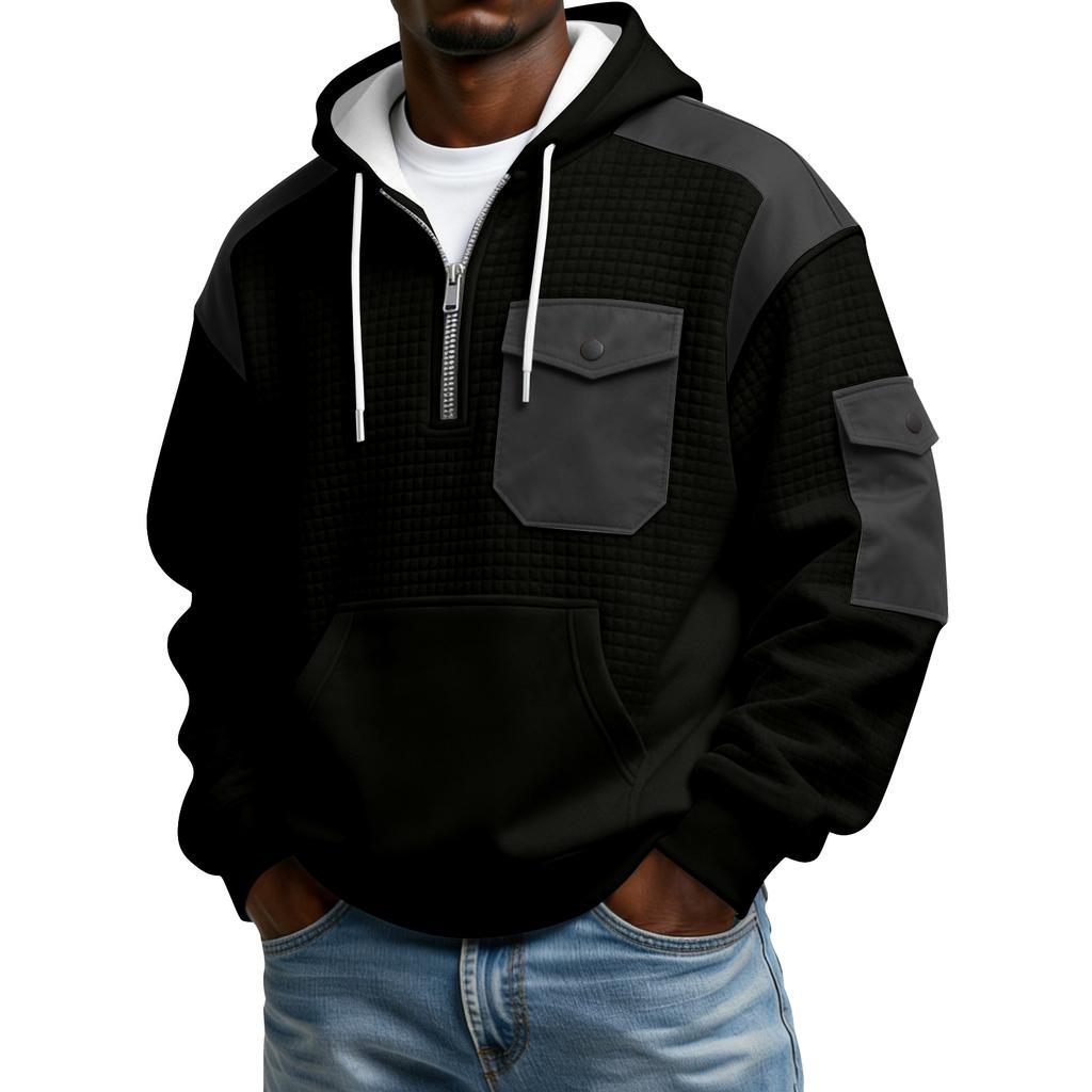 Men's Winter Color Blocked Button-Down Collar Multi-Pocket Hoodie Men's Sports Plus Size Casual Sweatshirt