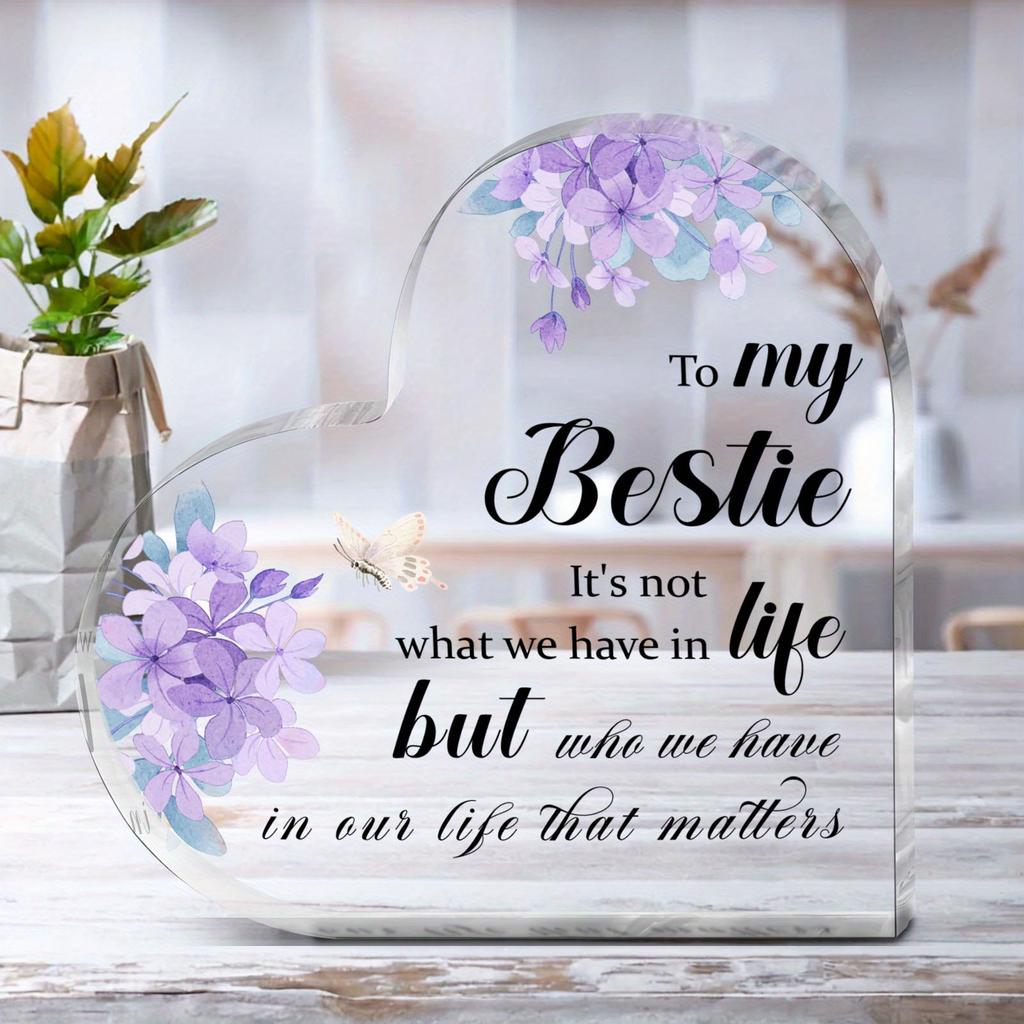 Acrylic Heart-Shaped Plaque with Inspirational Message & Purple Flowers, Universal Friendship Gift, for Desktop Decor