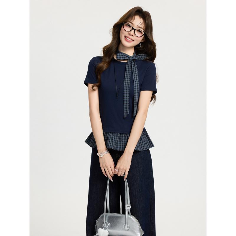 Fake Two-Piece Plaid Short-Sleeve T-Shirt With Lace Hem For Women New Spring/Summer Base Shirt With Ribbons