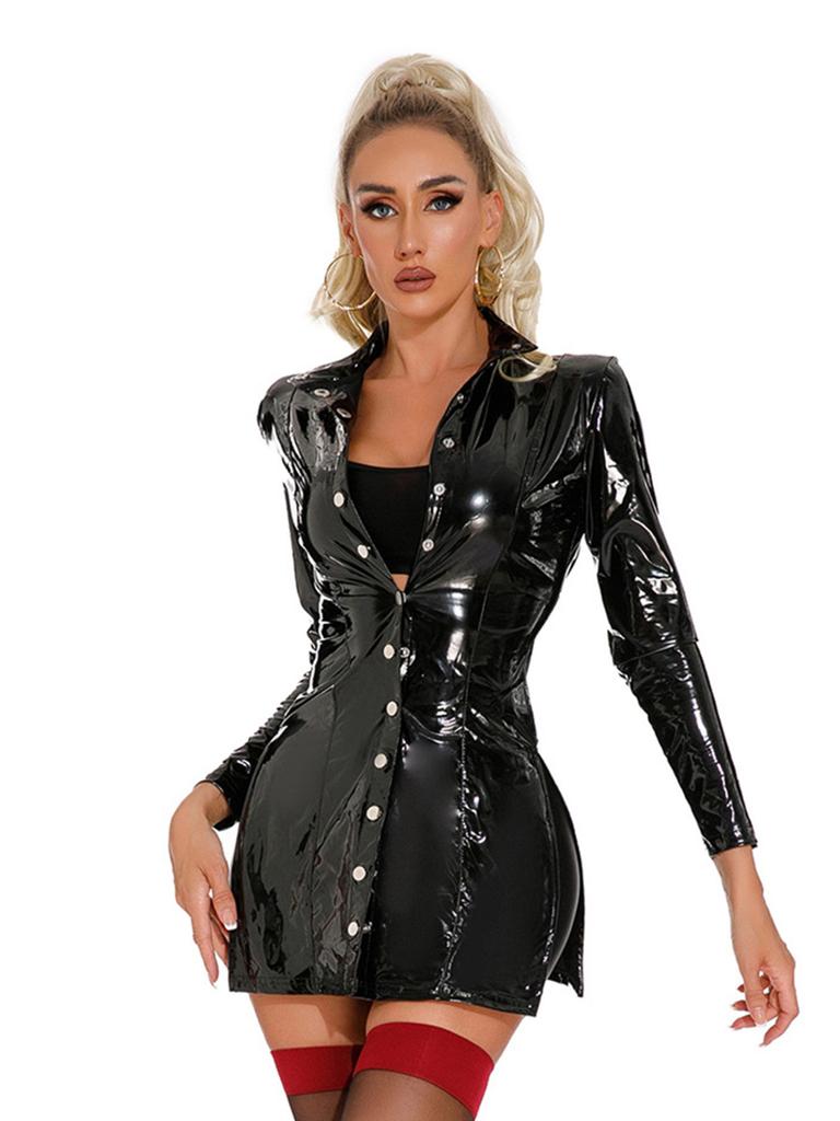 Frauen Steampunk Stil Latex Club Party Kleid Leder Moto & Biker Clubwear Stehkragen Button Up Hohe Split Mini bodycon Jacke