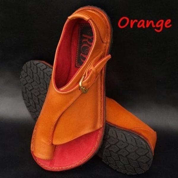 Летние модные женские сандалии больших размеров с пряжкой в стиле ретро однотонные туфли на плоской подошве женские туфли 35 оранжевый 2160₽