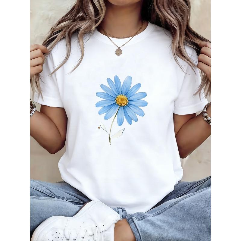 Women'S Elegant Round Neck Short Sleeve T-Shirt, Watercolor Blue Daisy Print Pattern, Casual Versatile Fashion Elegant