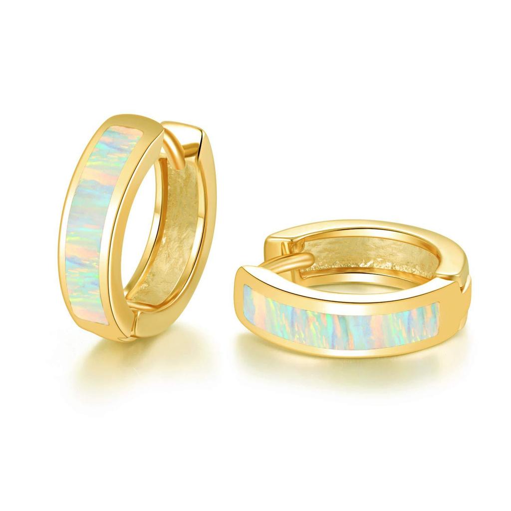 White Blue Opal Classic Small Round Circle Hoop Earrings For Women Vintage Wedding Engagement Jewelry Gifts Box