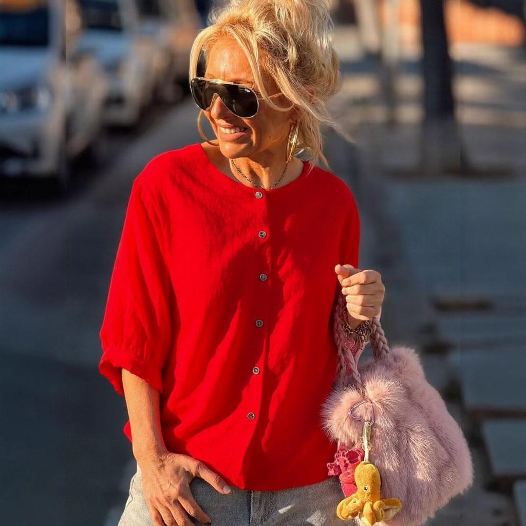 

Женская весенне-летняя блузка с рукавом три четверти, однотонная, на все случаи жизни XL красный