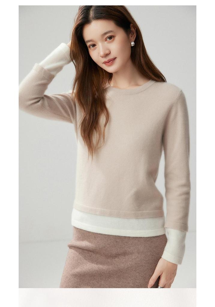 Two-Piece Look Cashmere Sweater - Women's Autumn/Winter 2026 Round Neck Color Block, Versatile, Loose-Fit with Slimming Effect.