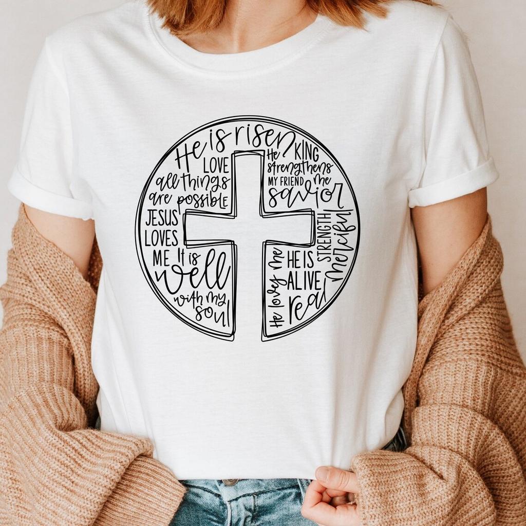 He is Risen Shirt Christian Easter Cross Graphic Tee Graphic Streetwear TShirts Harajuku Clothes Short Summer Tee