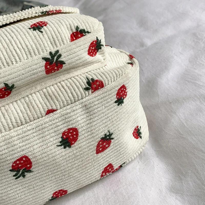 Korean Harajuku Shoulder Bag for Women Strawberry Pattern Trendy Crossbody Bag Corduroy Handbag Casual Multi-pocket Student Bag