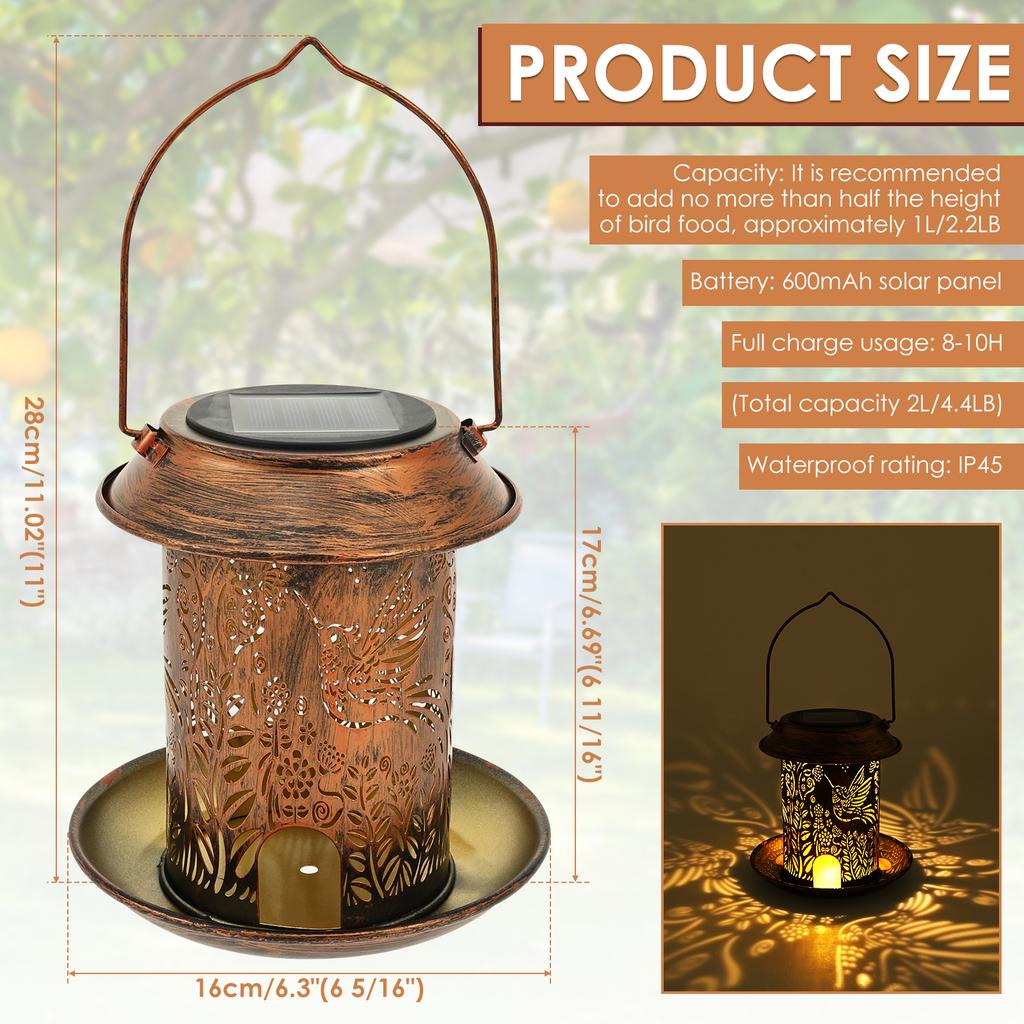 Solar Lantern Bird Feeder for Outside Hummingbird Metal Wild Bird Feeder Hanging Outdoor Garden Ornament Waterproof Light