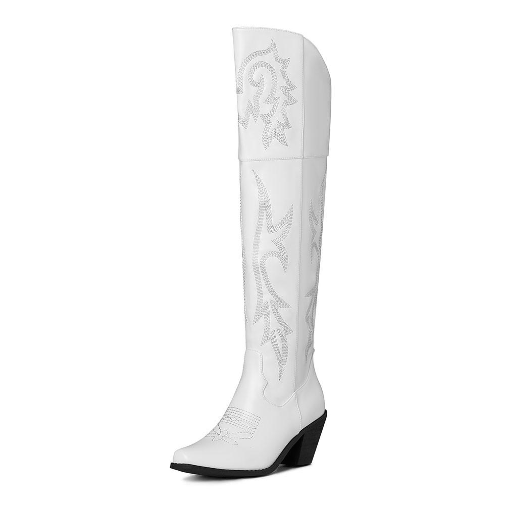 GIGIFOX Vyšívané dámské kozačky nad koleno v západním stylu s špičatou špičkou, bočním zipem, robustním vysokým podpatkem, společenské módní kozačky