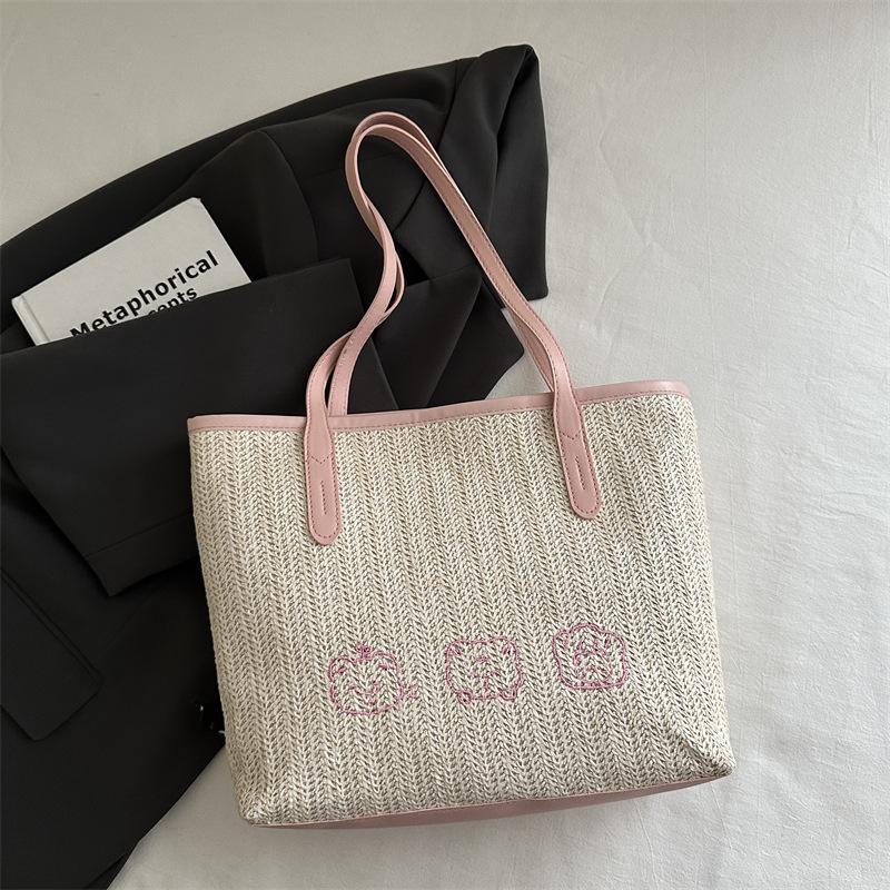 Large-capacity Straw-woven Bag Women's 2025 New Fashionable Foreign-style Contrasting Color Underarm Bag Simple Weaving Versatile