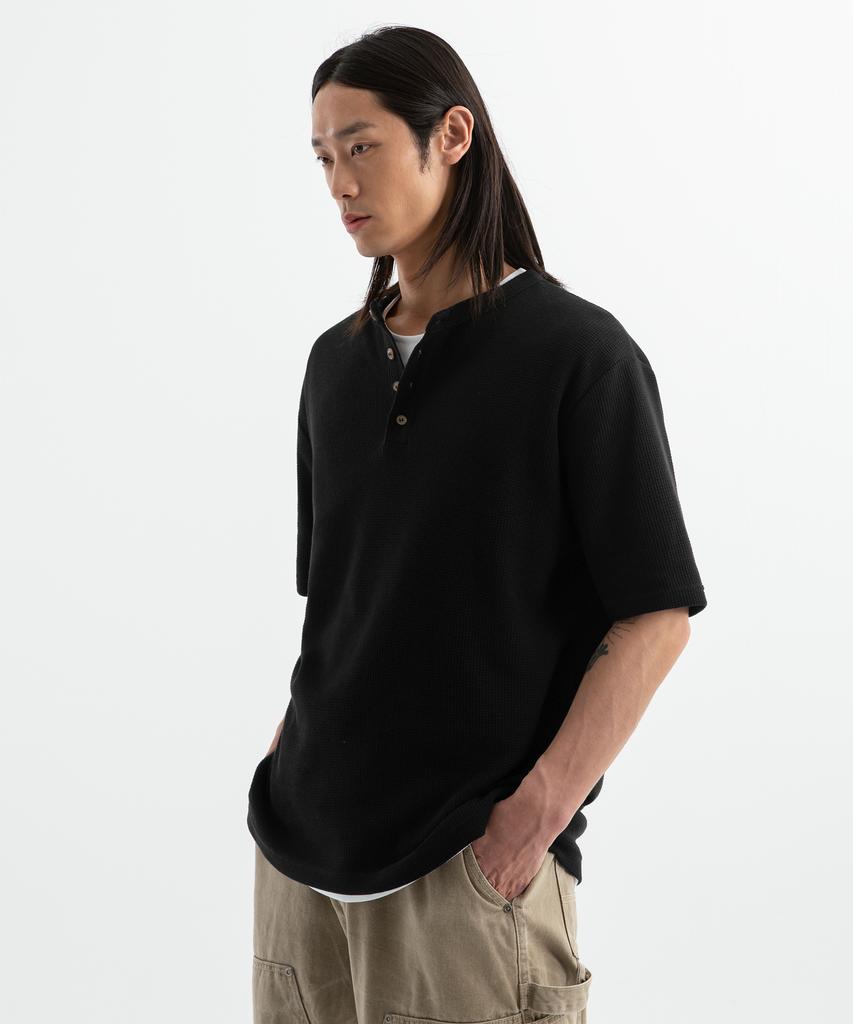 BRENSON (Waffle) Loose Fit Waffle Henley Neck Short Sleeve Tee (4 Colors)