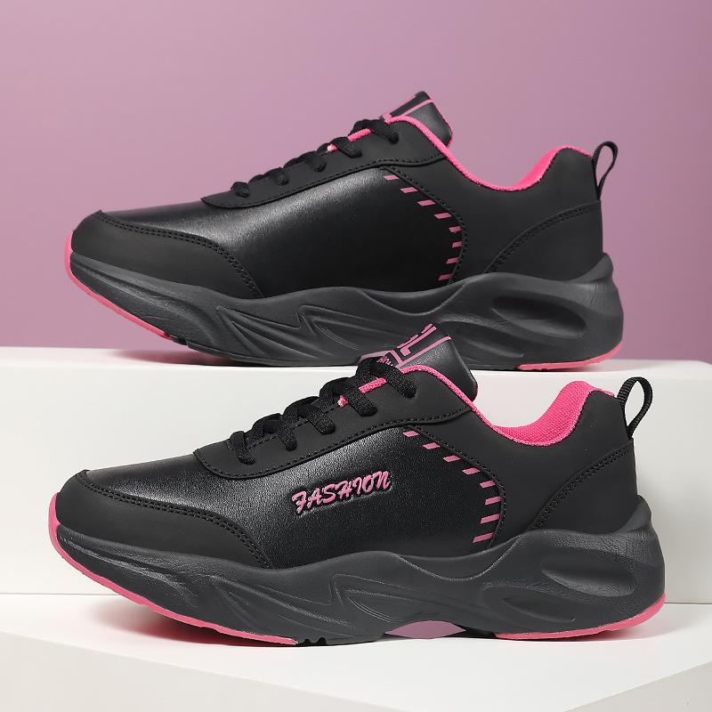 Fashion Black Leather Sports Sneakers Casual Lightweight Non-slip Shoes Women 2024 Spring Outdoor Comfort Slip On Jogging Running Shoes