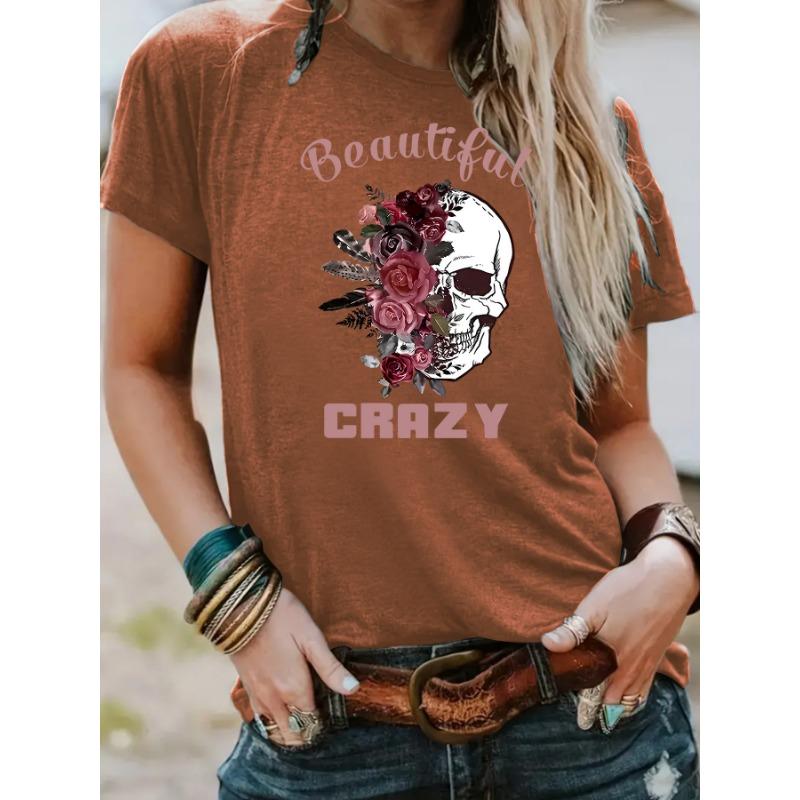 Round-neck Fashionable Skull Flower Print Top Women's T-shirt with Loose Short Sleeves