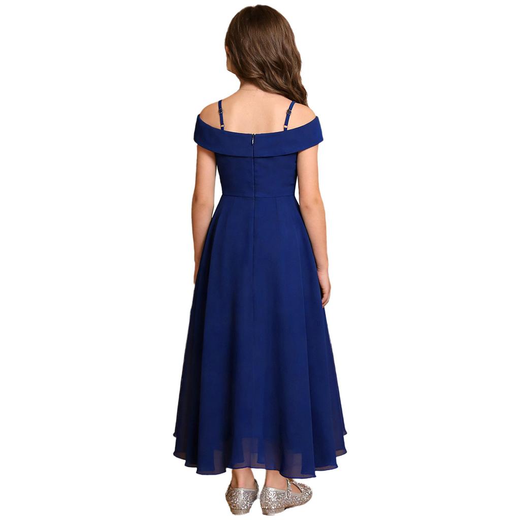 Girls Elegant Chiffon Party Dress Off the Shoulder Spaghetti Strap Adjustable A-Line Floor Length Gown