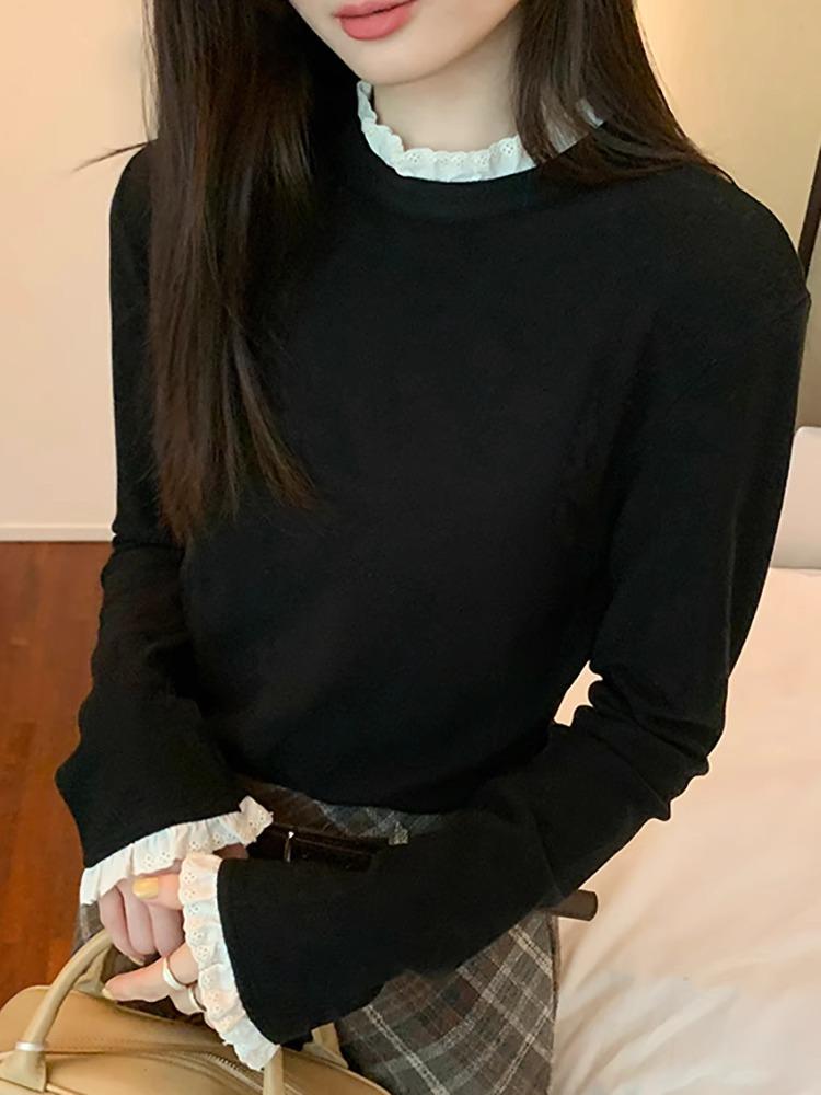 

Женский теплый топ с полувысоким воротником и длинными рукавами из французского кружева L чёрный