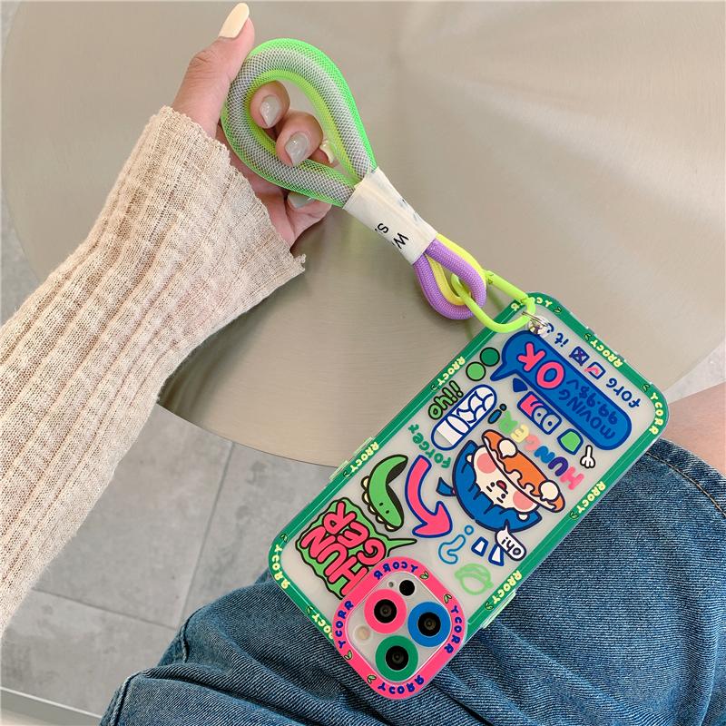 Korea Cute Graffiti Label Tide Crocodile Case for Iphone 14 13 Pro Max 12 11 MiNi XR X XS 7 8 Plus SE Soft Cover With Hand Strap