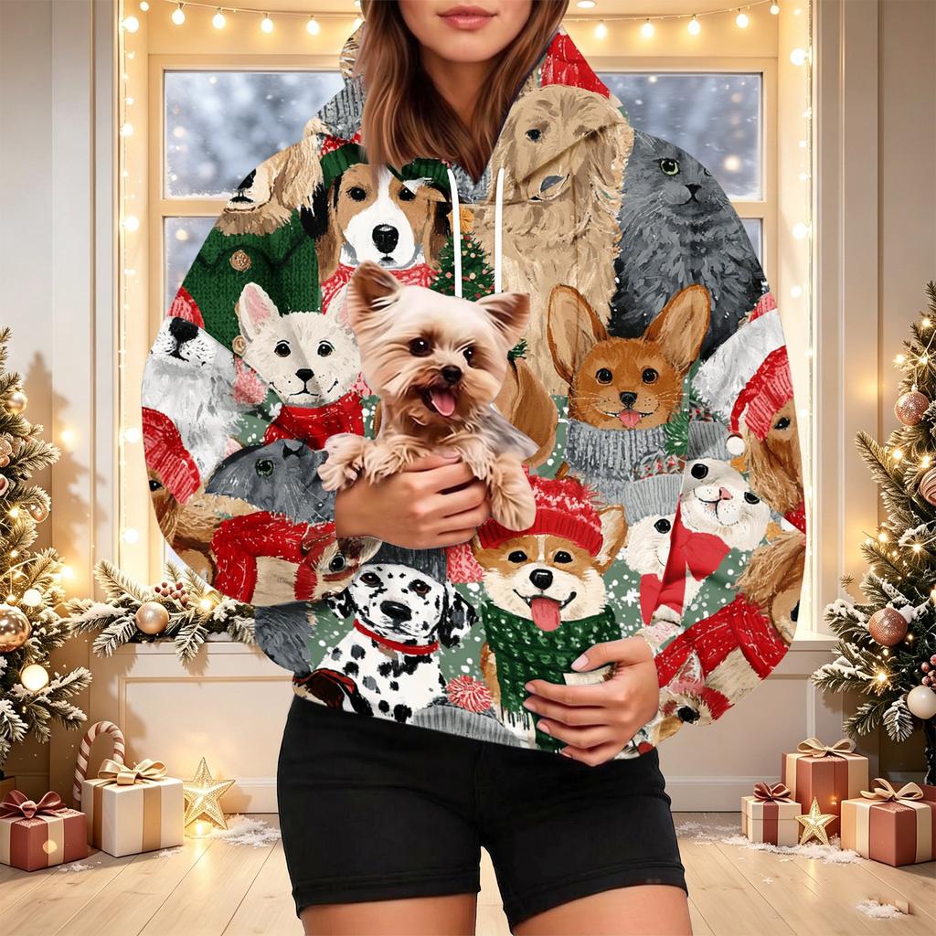 Women's Fashion Christmas Print Hoodie with Pet Pocket, Casual Pullover for Holiday Wear