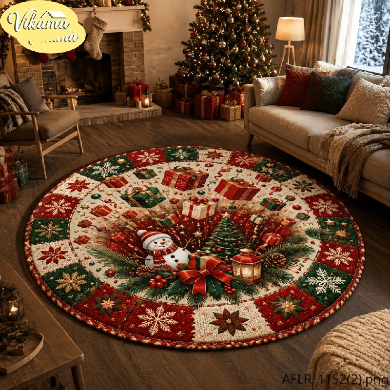 VIKAMA3D Christmas Tree Skirt Round Rug, Non-Slip Living Room Mat, Christmas Decorative Holiday Party Rug, Home Decor