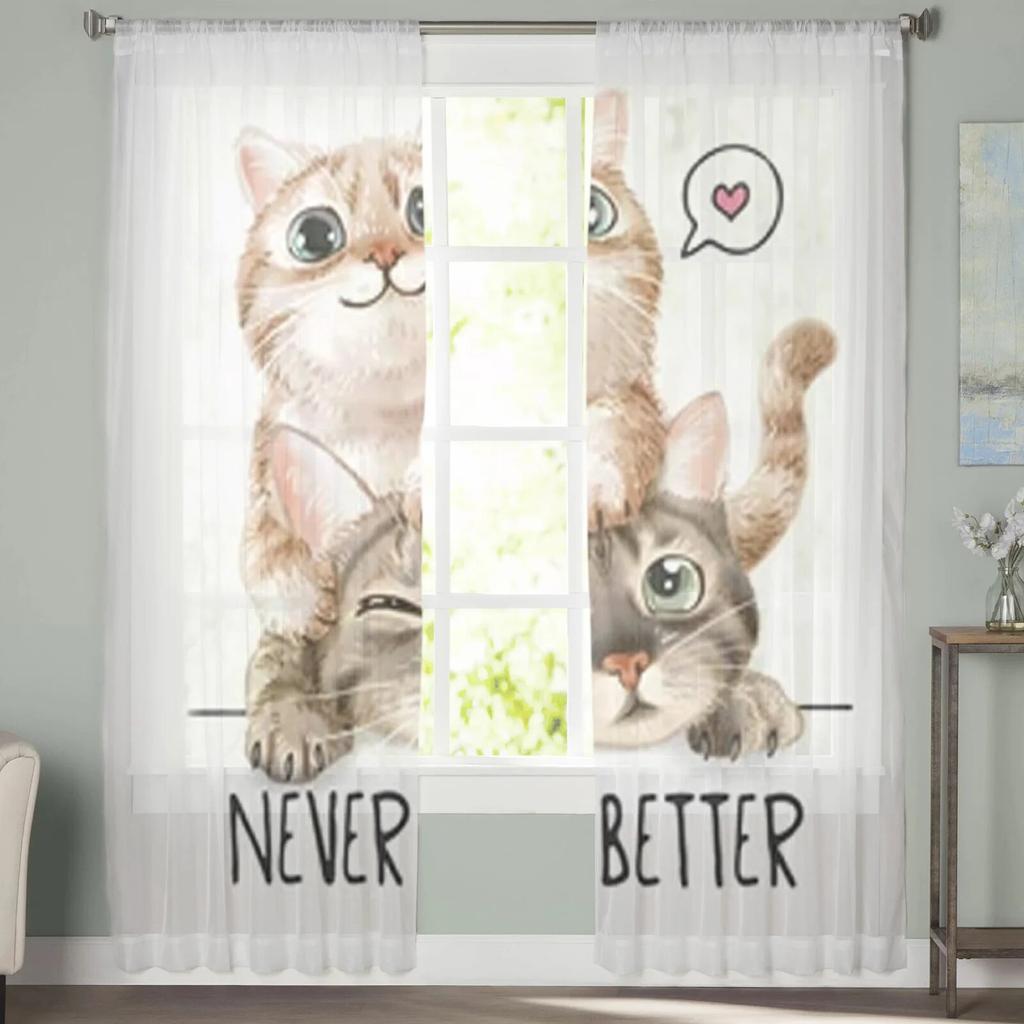 Two Kittens Sheer Window Curtains For Living Room Bedroom Modern Voile Tulle Curtains Fabric Drapes For Kitchen