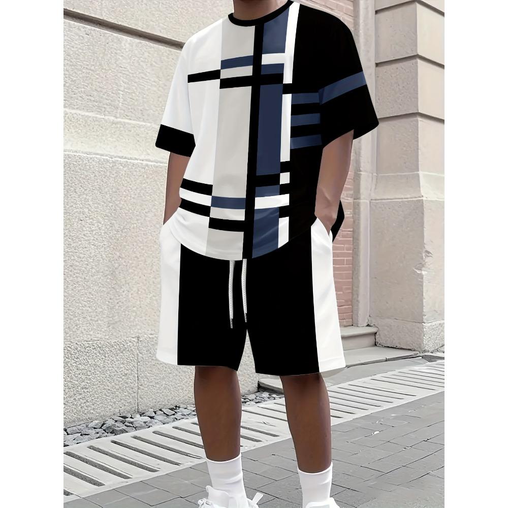 2026 New Arrived Pink Patchwork Men's T-shirts 2pcs Set Short Sleeve Crewneck Tshirt Shorts Street Style Tracksuits Mens Clothing