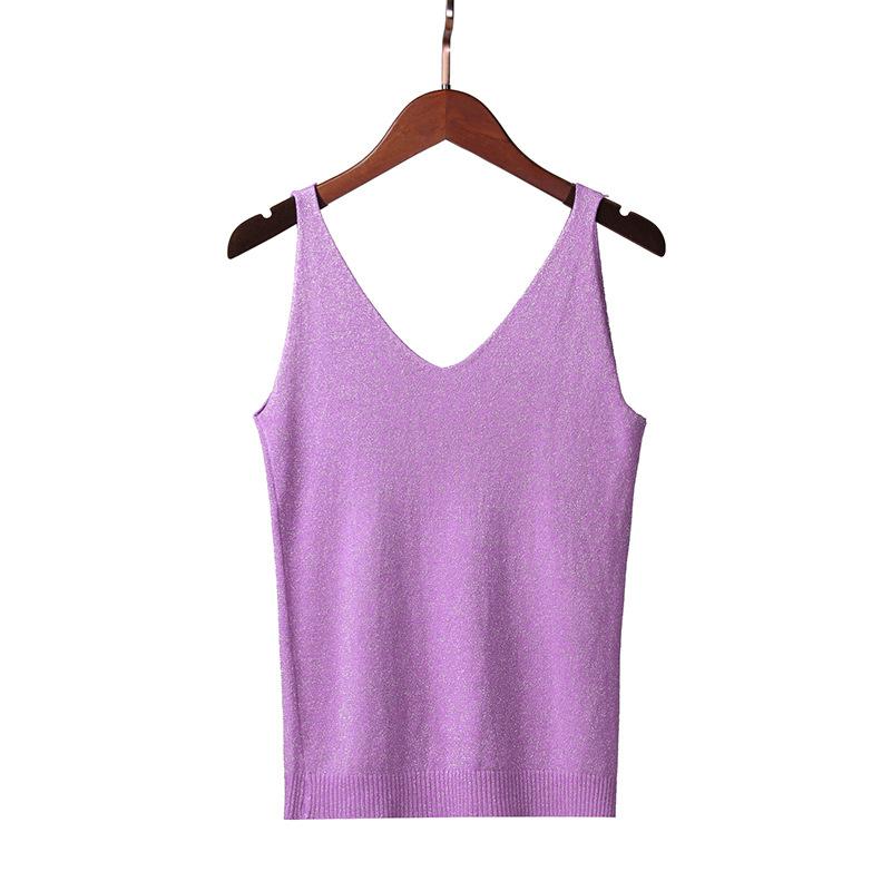 Women Summer Sexy Slim V-Neck Bright Silk Knitted Sleeveless Vest Top T-Shirt Basic Trend