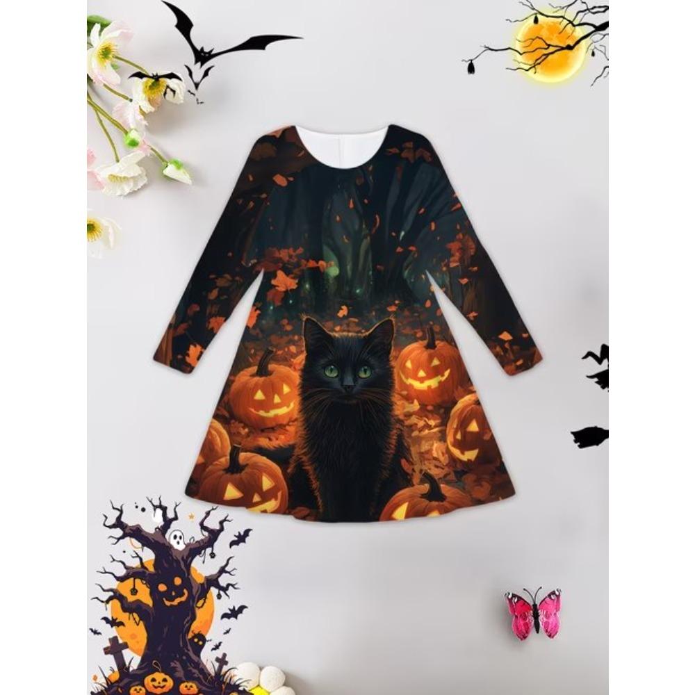 Mädchen Lässiges 3D Halloween Print Rundhals Langarm Kleid Kinder Prinzessinnenkleid