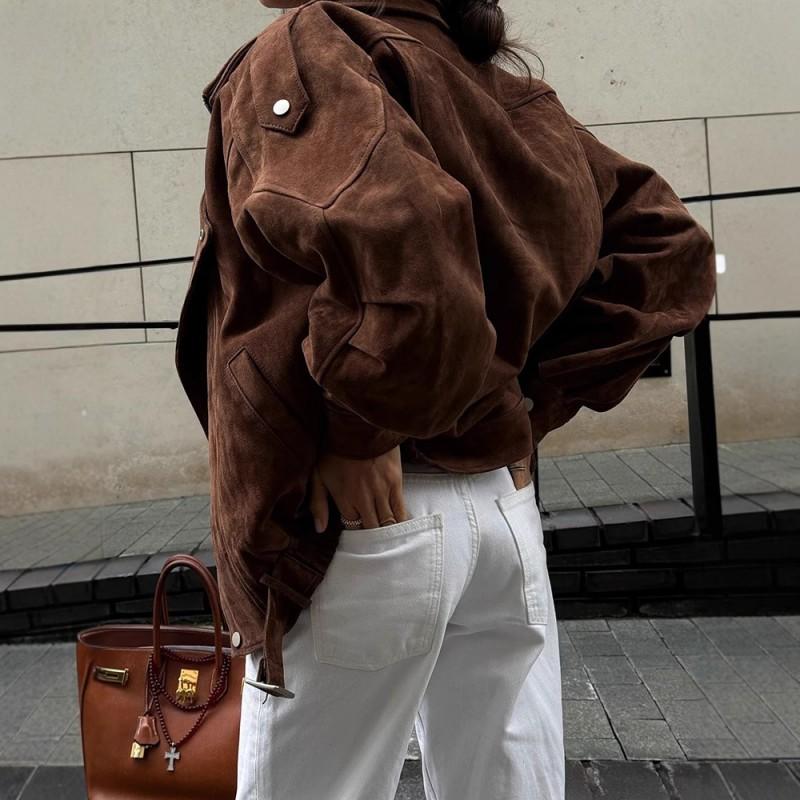 Womens Brown Short Loose Jacket Vintage Aesthetic Casual Fashion Outerwear