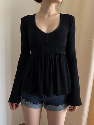 Elegante Top Patchwork in Pizzo con Maniche a Campana - Camicetta a Volant Stile Bambola Retro