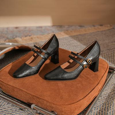 Soft Leather Single Shoes Women's Retro Thick Heel Shallow Mouth High Heels Women's Autumn New Models Square Head Soft Sole Soft Surface Cm