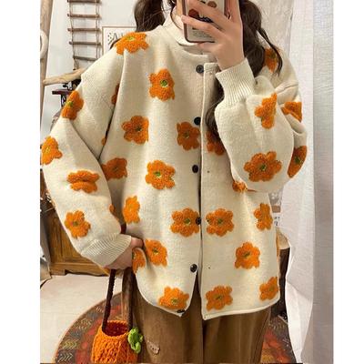 Autumn and Winter Women's Korean Sweet Ageing Three-dimensional Flowers Knitted Cardigan Big Yards Loose Lazy Sweater Jacket