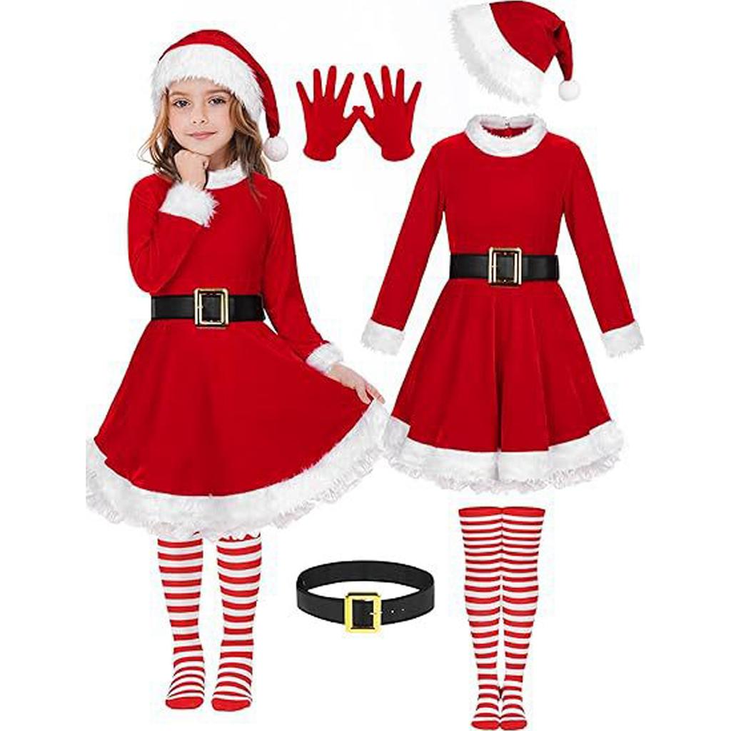 Christmas Girls' Gold Velvet Party Performance Dress Set