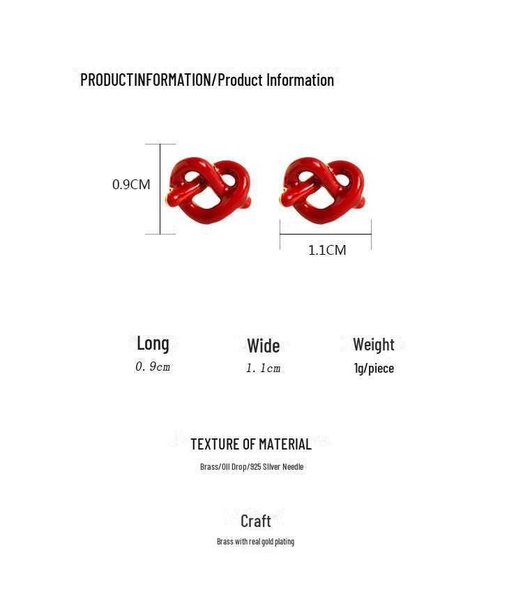 Red Enamel Heart Knot Earrings with White Drip Glaze
