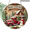 2D Flat, 1pc Round Merry Christmas Vintage Aluminum Hanging Ornament, Snowy Cabin Pine Tree Holly Berry Winter Scene Print, Metal Wall Door Hanging