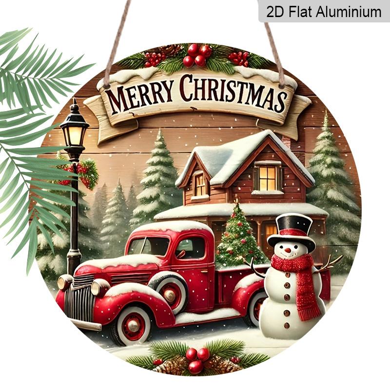 2D Flat, 1pc Round Merry Christmas Vintage Aluminum Hanging Ornament, Snowy Cabin Pine Tree Holly Berry Winter Scene Print, Metal Wall Door Hanging
