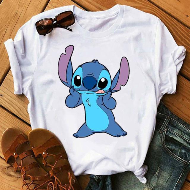 Casual Cartoon Lovable Lilo Stitch Pattern Unisexs Tshirt Summer Loose Top 90 S O Collar White Unisexs Short Sleeve